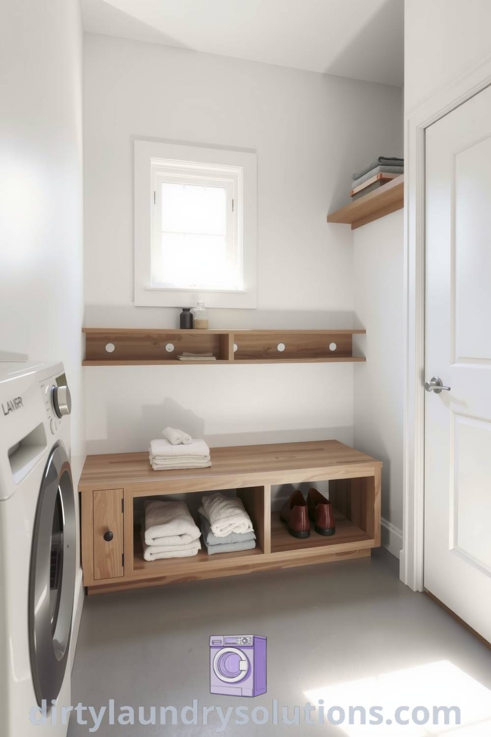 Minimalist mudroom laundry featuring clean lines, muted colors, wooden shelves, and a built-in bench, creating a serene atmosphere for chores. Discover cozy ideas and inspiring design for small spaces at dirtylaundrysolutions.com.