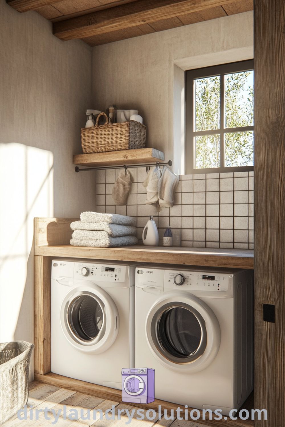 Cozy laundry nook with a washer and dryer beneath a weathered wood counter and a convenient pet shower, enhanced by sunlight and an inviting atmosphere. Discover more inspiring ideas for your home at dirtylaundrysolutions.com.