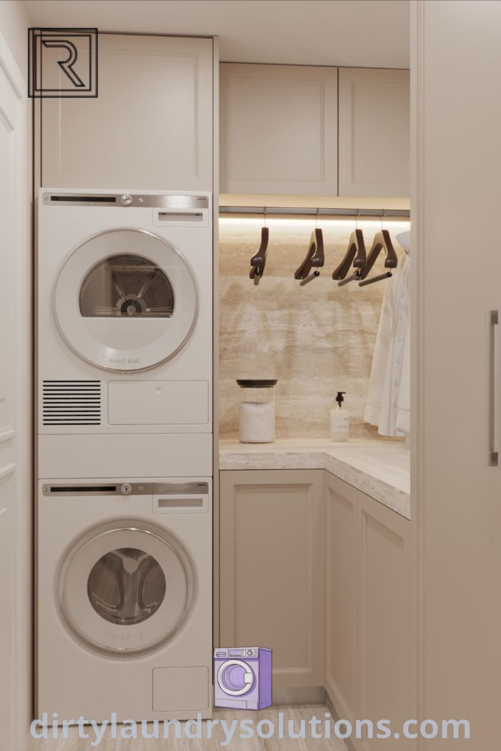 A cozy laundry room featuring a stacked washer and dryer with white cupboards above, optimizing space for a functional and organized area. Discover more laundry room design ideas and solutions at dirtylaundrysolutions.com.