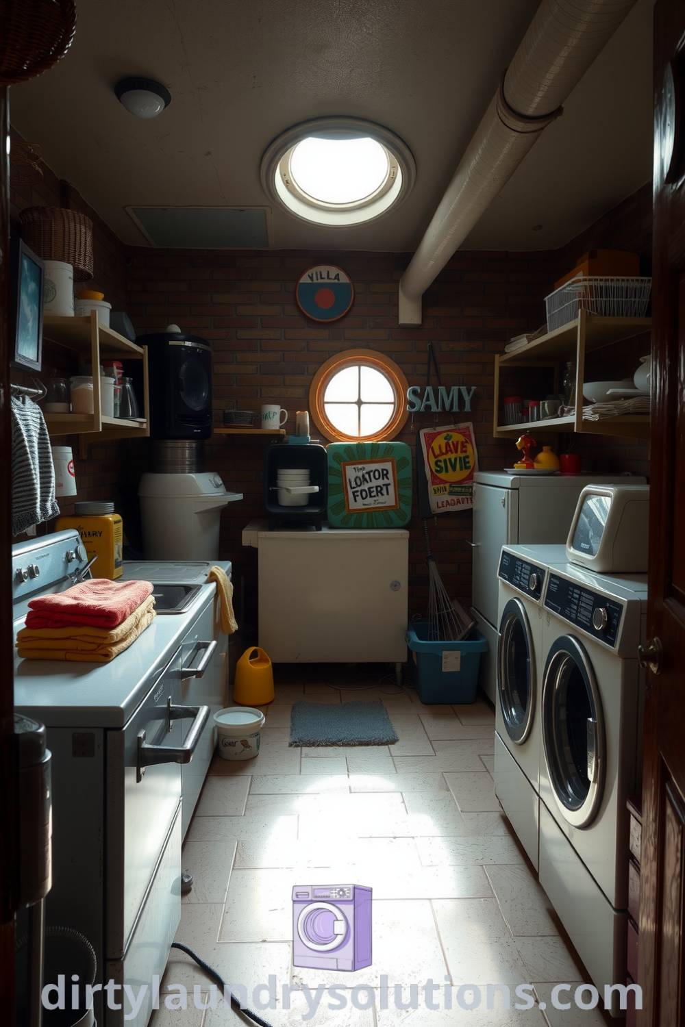 Cozy retro laundry space with vintage appliances, worn linoleum floors, colorful towels, and exposed brick walls, creating a nostalgic atmosphere. Discover unique ideas for your home at dirtylaundrysolutions.com.