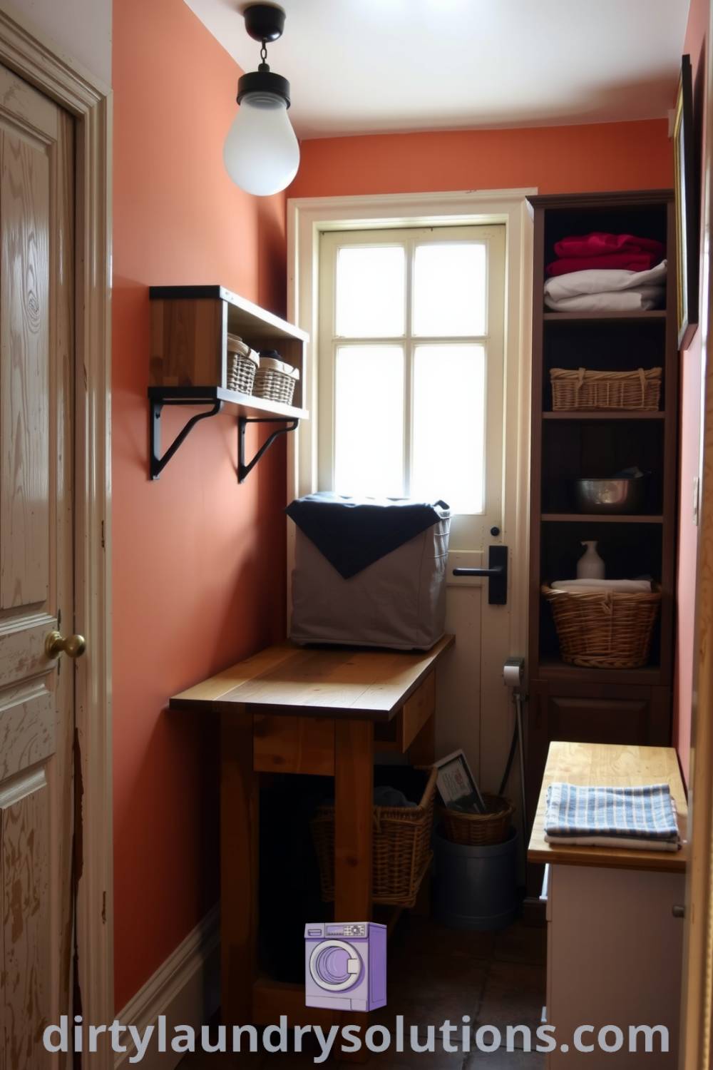 Cozy hallway laundry with rustic wooden shelves, neatly arranged baskets, soft light from frosted glass, and warm earth tones, creating an inviting atmosphere perfect for small spaces. Discover more unique ideas for your home at dirtylaundrysolutions.com.