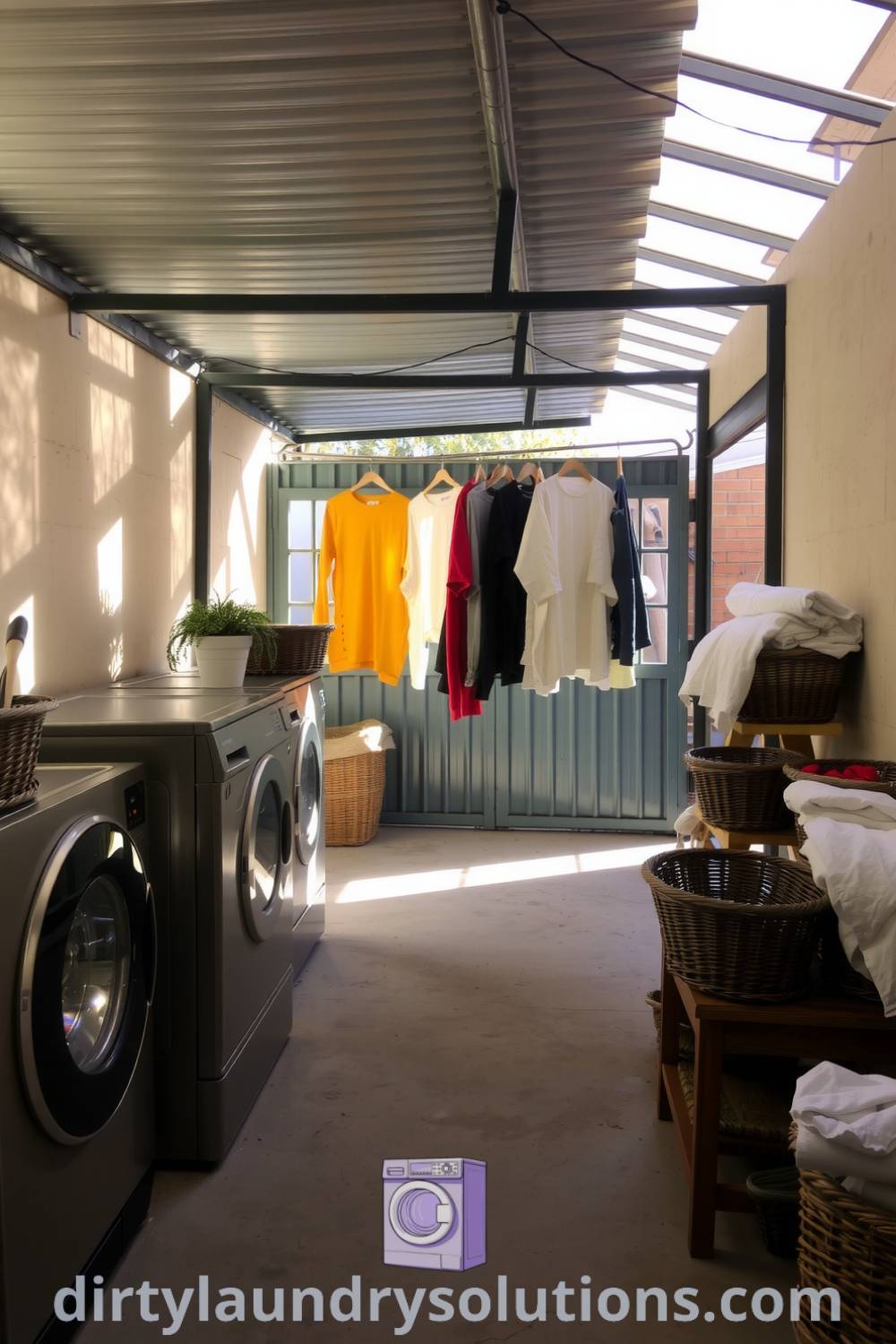 Cozy outdoor laundry space with weathered concrete floor, metal washing machines, and freshly hung clothes, bathed in sunlight, offering unique ideas for your home. Discover inspiring solutions for freshening up your space at dirtylaundrysolutions.com.