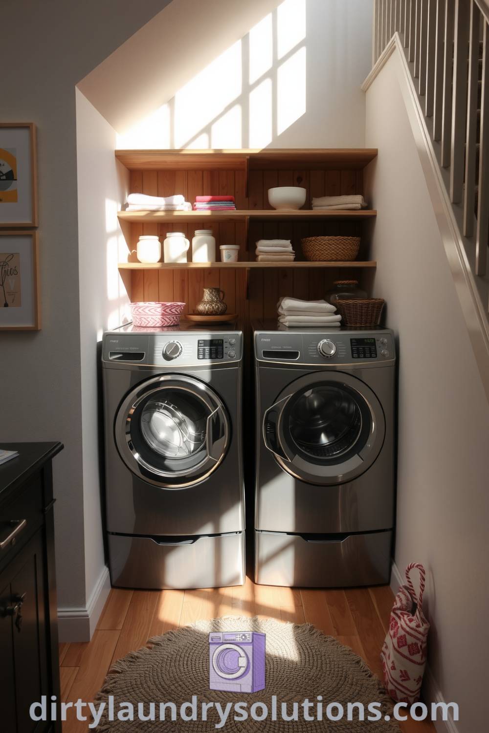 Cozy laundry nook tucked beneath a staircase featuring wooden shelves, washer and dryer, soft lighting, and a cozy rug, showcasing unique ideas for small spaces and organization at dirtylaundrysolutions.com.