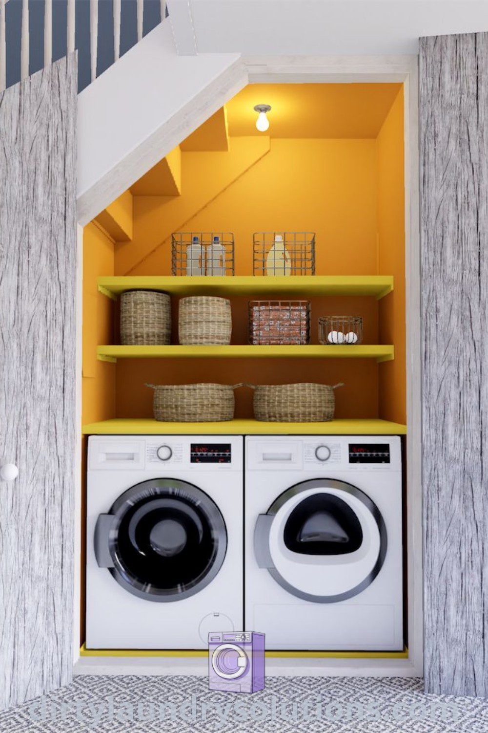 A cozy under stairs laundry room featuring a washer and dryer, showcasing effective organization ideas and making the most of tiny spaces. Explore inspiring solutions for your home at dirtylaundrysolutions.com.