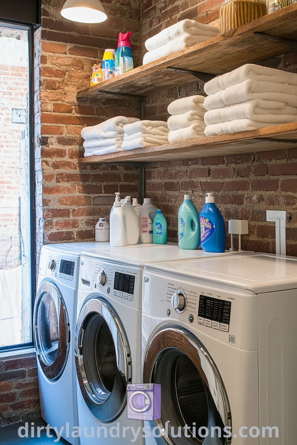 Cozy laundry room with a washer and dryer underneath open shelving, neatly folded towels, colorful detergent bottles, exposed brick walls, and soft light, creating an inviting atmosphere. Find inspiring ideas for your home at dirtylaundrysolutions.com.