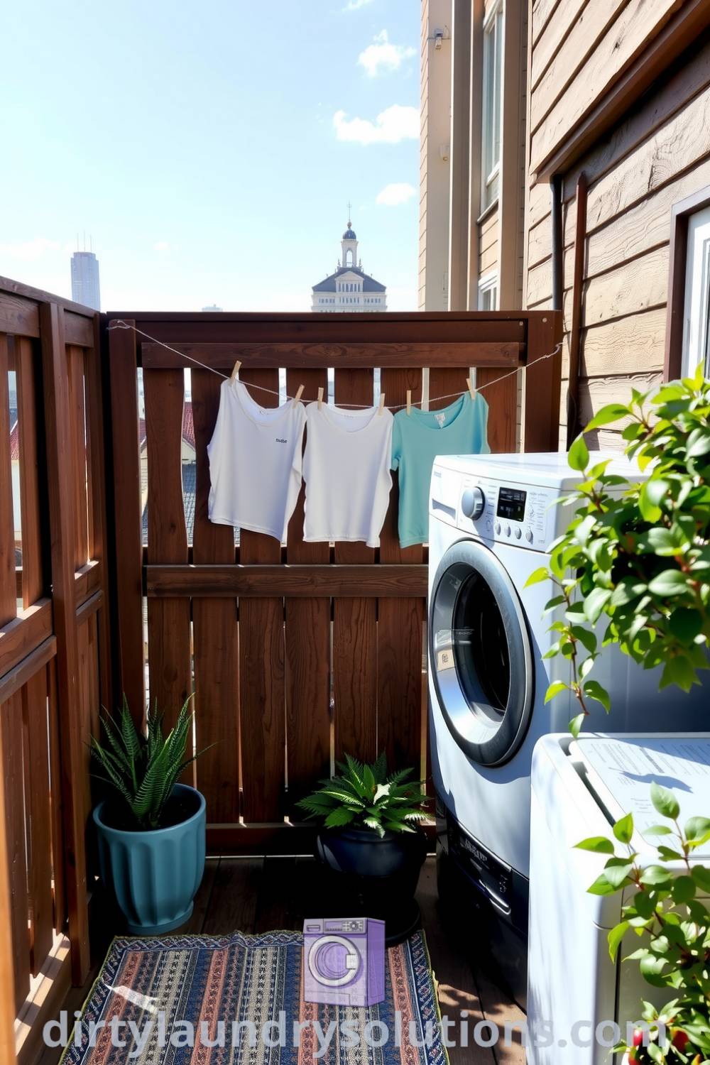 Cozy balcony laundry with rustic wood accents, weathered washers and dryer, clothes on a line, and potted plants, creating an inviting outdoor space. Explore unique ideas for your home at dirtylaundrysolutions.com.