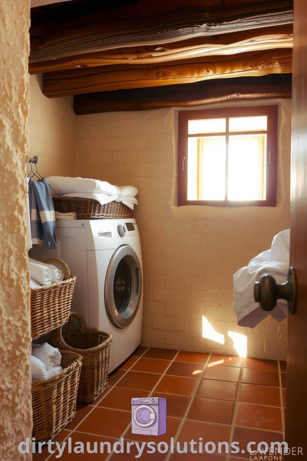 Hidden laundry area in a Mediterranean-style home featuring terracotta tiles, exposed wooden beams, wicker baskets filled with linens, and warm sunlight creating an inviting atmosphere. Explore inspiring ideas for your home at dirtylaundrysolutions.com.