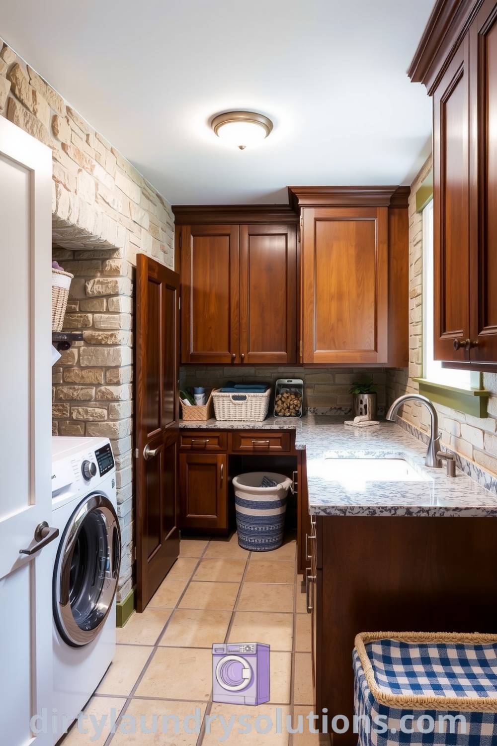 Cozy basement laundry with rustic stone walls, rich wood cabinetry, worn granite countertop, and organized baskets, creating an inviting and functional atmosphere. Discover more inspiring ideas for small spaces at dirtylaundrysolutions.com.