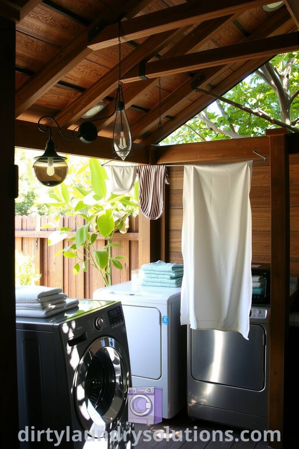 Charming covered patio laundry area with rustic wooden frames, metal appliances, sunlight filtering through a canopy, neatly folded clothes, and airy linen drying, creating a cozy aesthetic. Discover more unique ideas for your home at dirtylaundrysolutions.com.