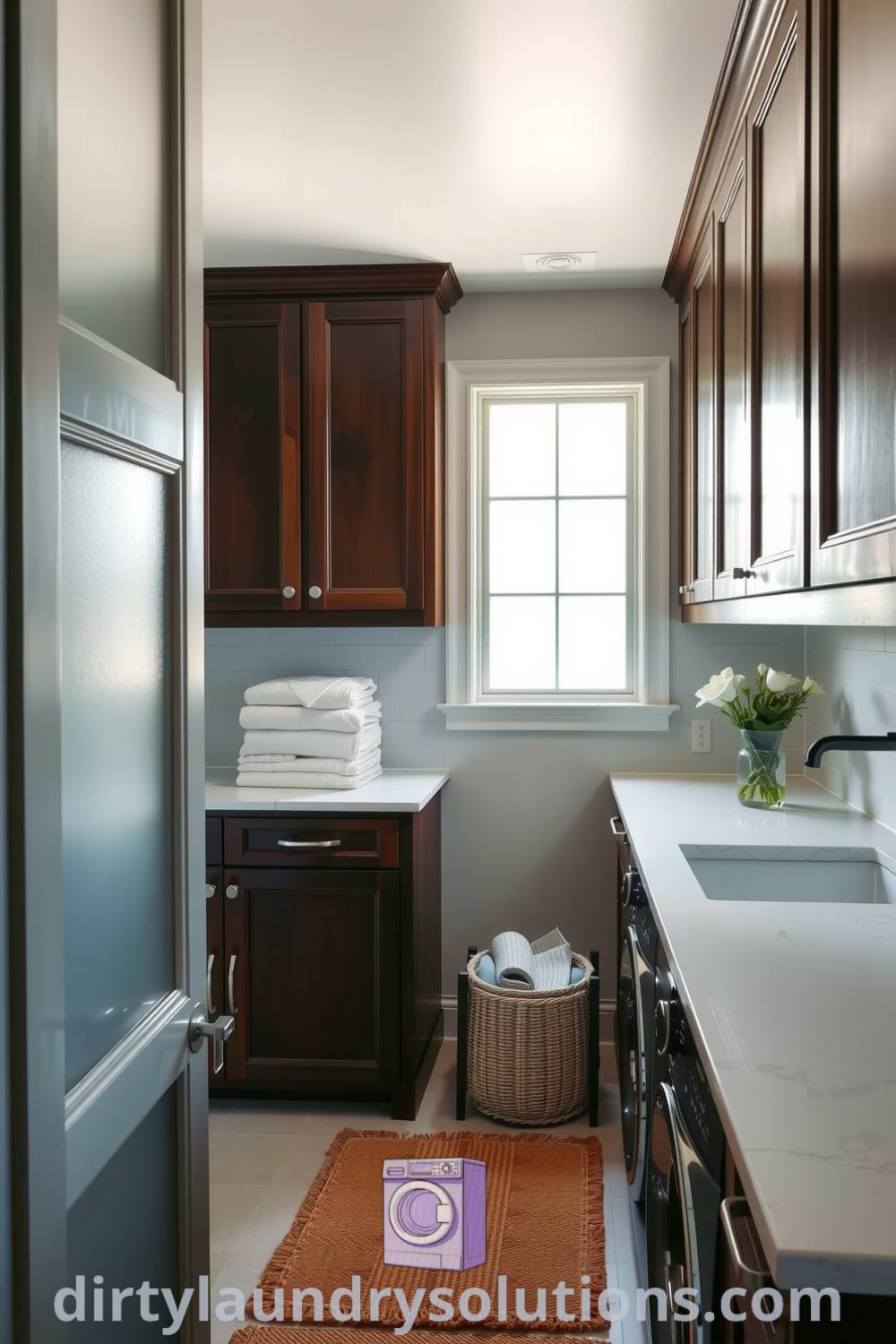 Elegant laundry hallway featuring dark wood cabinetry, polished stone countertops, freshly folded linens, and a plush rug, creating a cozy aesthetic. Explore design ideas and inspirations for your home at dirtylaundrysolutions.com.