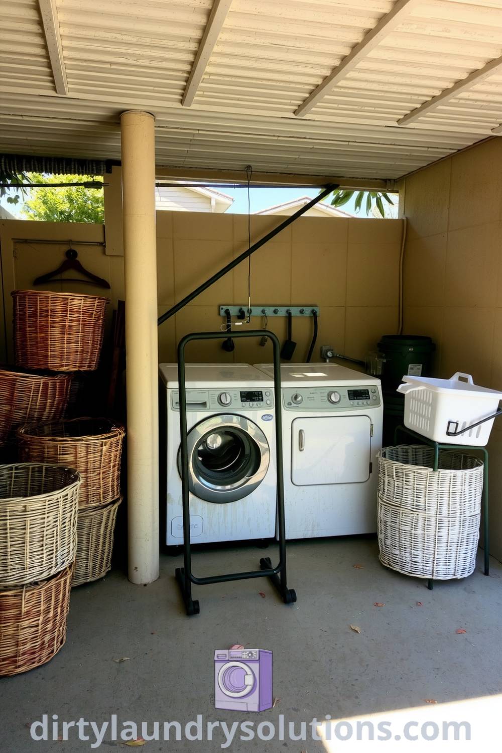 Under a carport laundry with weathered metal washers and dryer, sunlight filtering through open sides, woven baskets for sorting clothes, creating a cozy yet practical atmosphere perfect for busy homes. Discover inspiring ideas for your home at dirtylaundrysolutions.com.