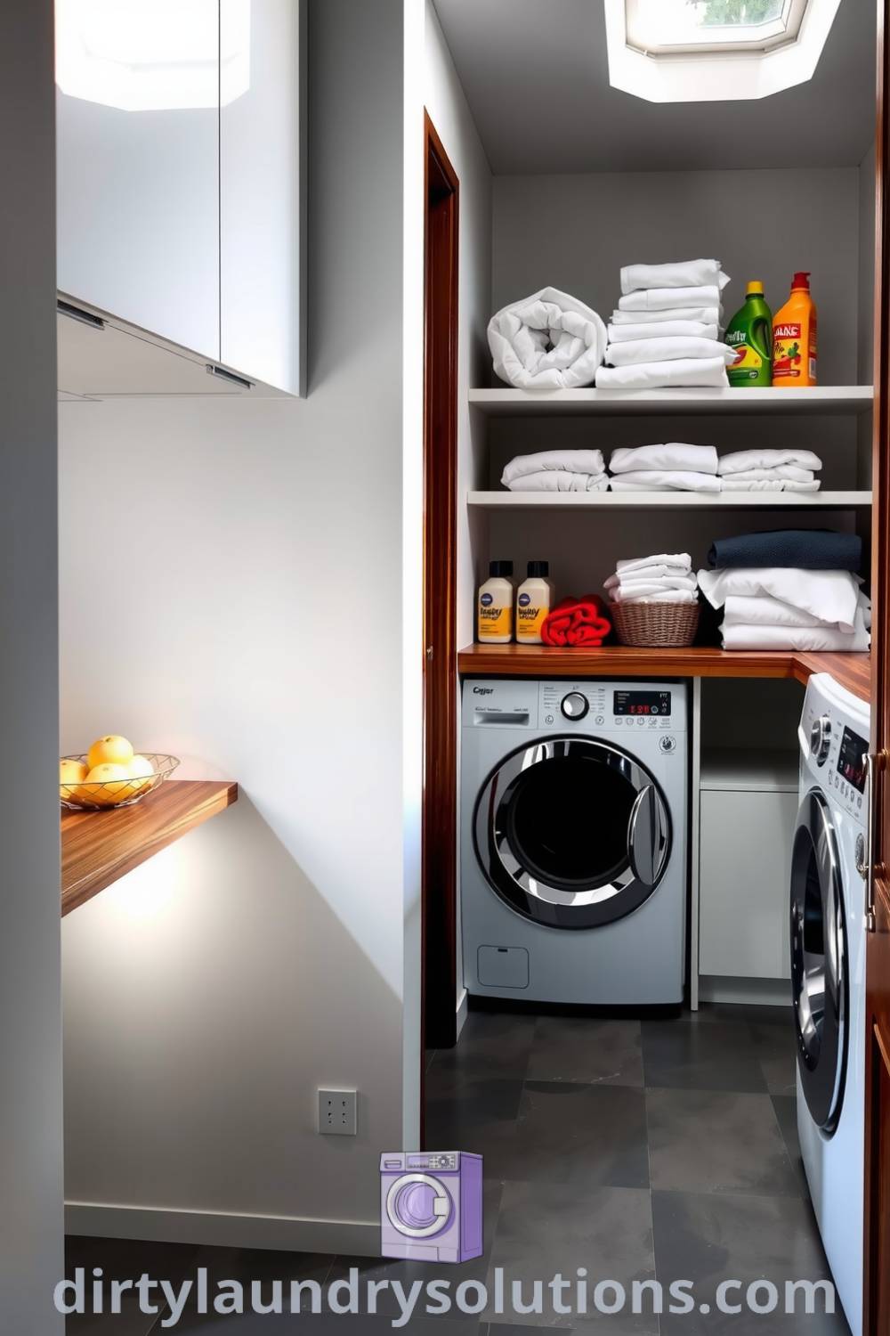 Modern laundry hallway with sleek cabinetry, warm wooden countertop, colorful detergent bottles, and illuminated baskets of freshly laundered linens, creating a stylish and functional space. Discover more inspiring ideas for your home at dirtylaundrysolutions.com.