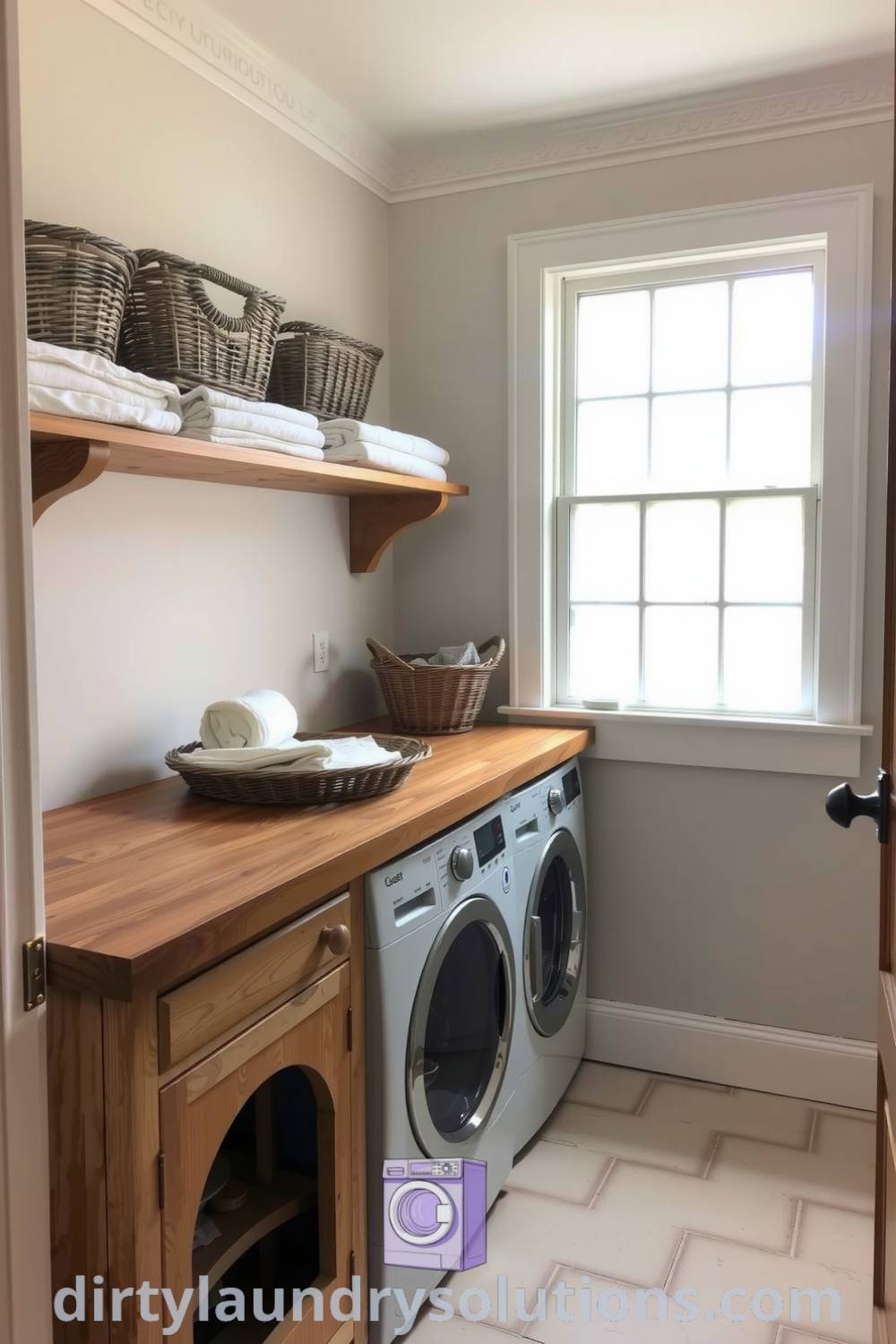 Cozy laundry area with compact washer and dryer, warm wood countertop, woven baskets, and gentle color tones, creating an inviting and functional retreat. Discover inspiring ideas for your home at dirtylaundrysolutions.com.