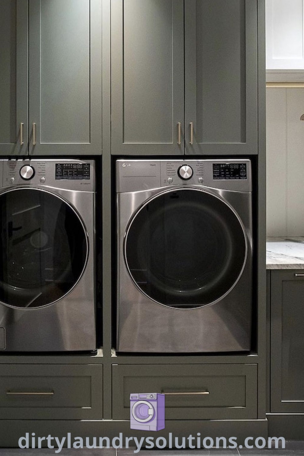 A modern basement laundry room featuring two washers and dryers with gray cabinets on either side, showcasing a clean and organized space. Discover inspiring ideas for your home and laundry room layouts at dirtylaundrysolutions.com.