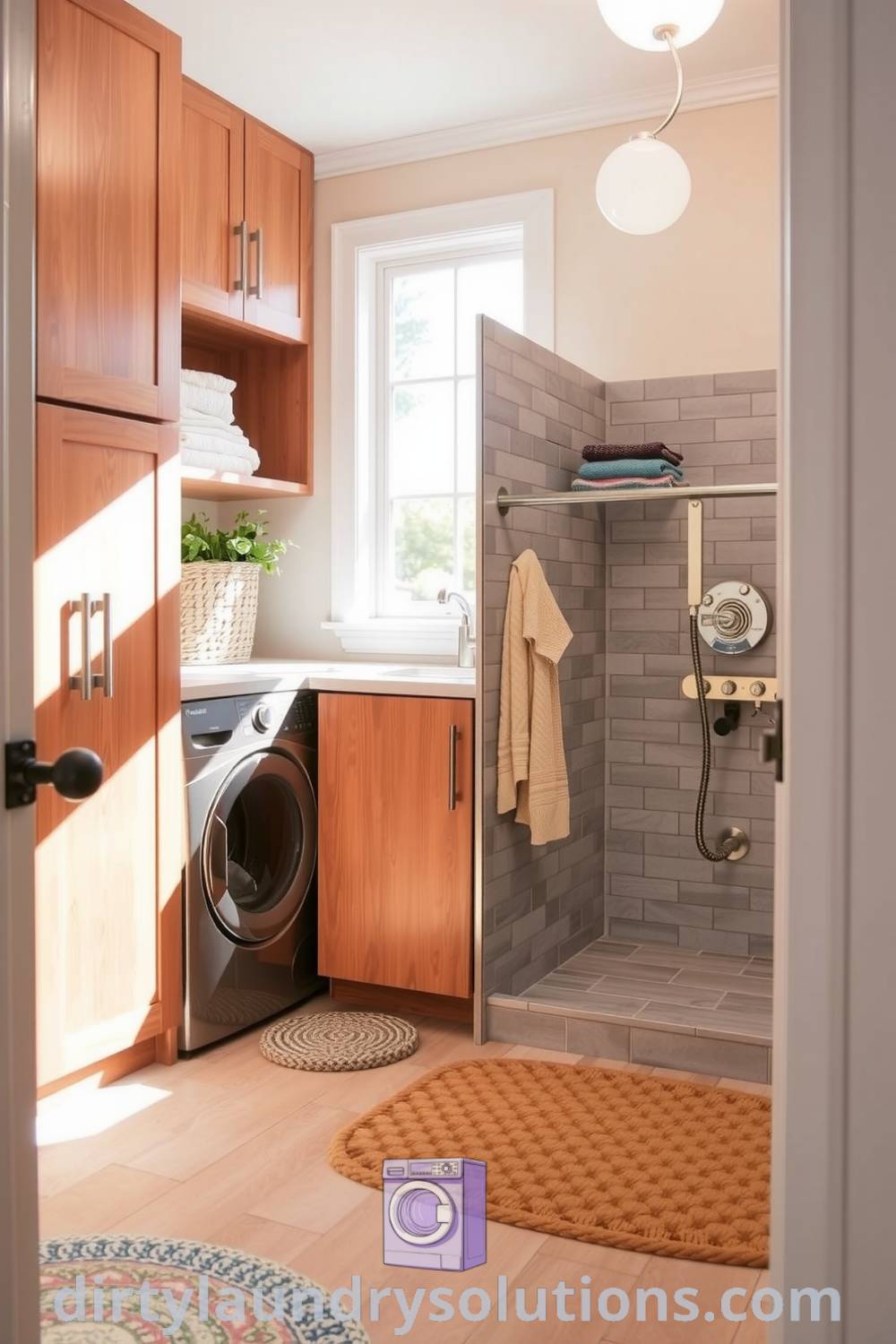 Cozy laundry nook featuring stainless steel appliances, warm wooden cabinets, a Pet Wash Shower, and tufted rugs under sunlight, creating an inviting and practical space for pet care and laundry. Discover unique ideas for your home at dirtylaundrysolutions.com.