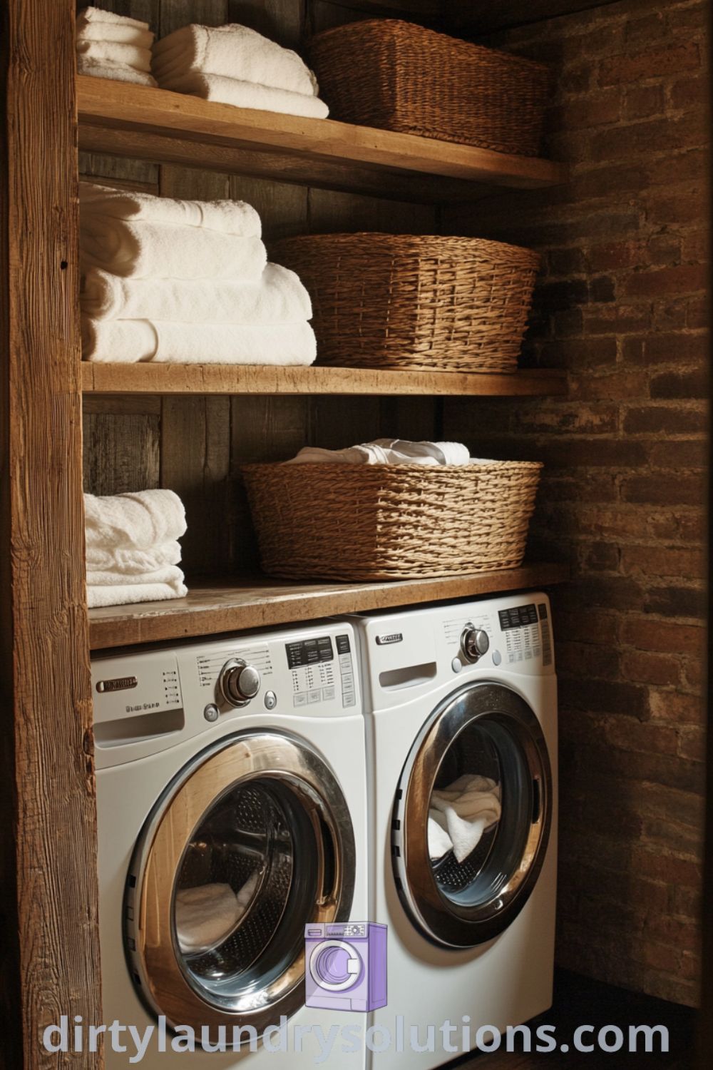 Cozy laundry room featuring painted wood, exposed brick, organized baskets, and a warm atmosphere, offering inspiring design ideas for small spaces. Explore unique ideas for your home at dirtylaundrysolutions.com.