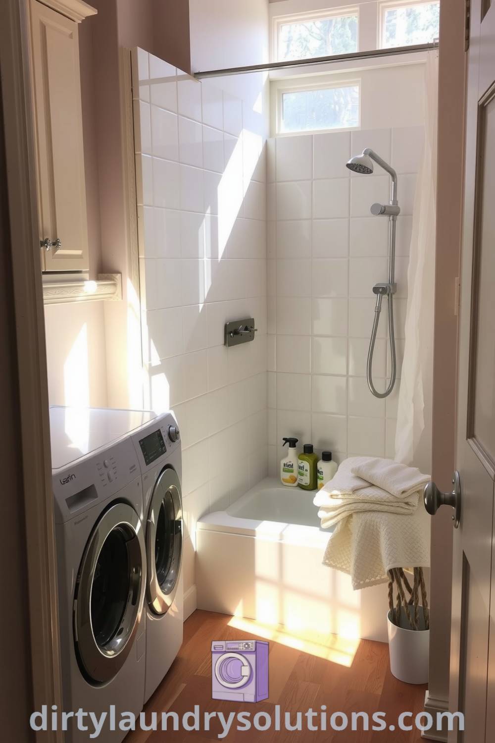 Cozy laundry area featuring weathered cabinetry, a pet wash shower with modern fixtures, and rich wooden flooring, creating an inviting atmosphere for both chores and cuddles. Explore more inspiring ideas for your home at dirtylaundrysolutions.com.