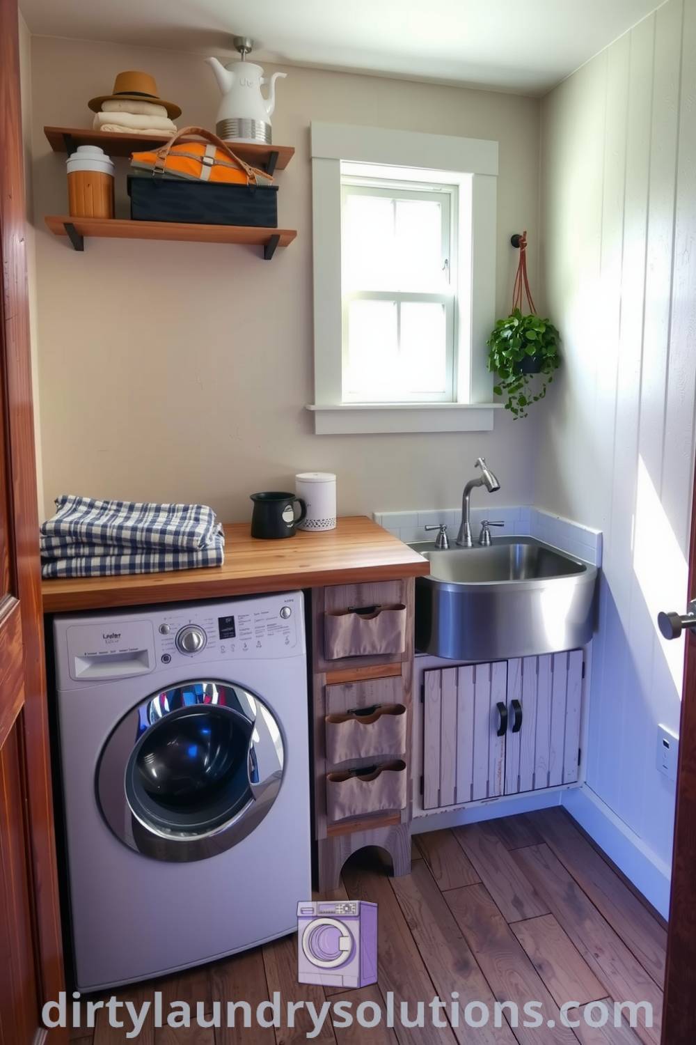 Laundry room with rustic charm featuring a washer and dryer under a wooden countertop, pet wash station with a tiled basin, and soft light streaming through a window, creating an inviting atmosphere, ideal for organization and comfort. Explore more cozy ideas for your home at dirtylaundrysolutions.com.
