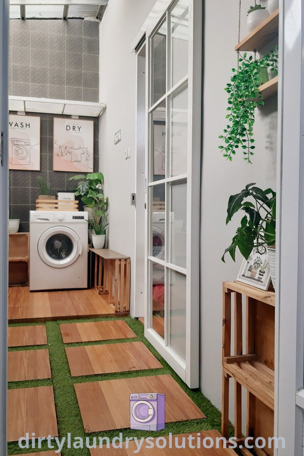 An outdoor laundry area featuring green carpet and wooden flooring, designed for small spaces with cozy aesthetics. Discover more outdoor laundry room ideas and organization solutions at dirtylaundrysolutions.com.