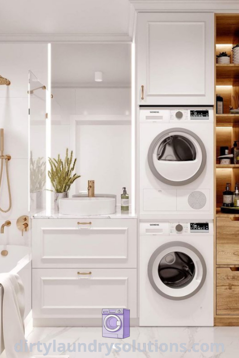 A stylish small bathroom featuring a stacked washer and dryer setup, demonstrating effective organization and design ideas for laundry in limited spaces. Explore cozy aesthetic solutions and inspirations for your home at dirtylaundrysolutions.com.