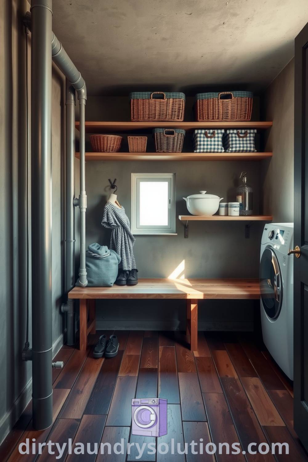 Industrial mudroom laundry with exposed metal piping, raw concrete walls, a weathered wood bench, and open shelving, balancing function and style in an inviting space. Explore unique ideas and inspirations for your home at dirtylaundrysolutions.com.