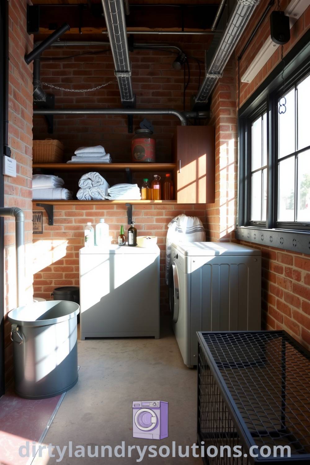 Cozy industrial mudroom laundry featuring exposed brick walls, steel accents, large metal bins, wooden shelves with towels, and a wire mesh bench, creating an inviting and organized space. Discover unique ideas for your home at dirtylaundrysolutions.com.