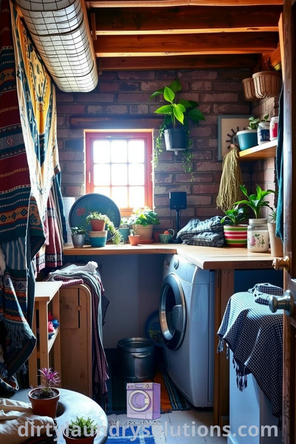 Cozy basement laundry with Bohemian charm, featuring exposed brick walls, vibrant textiles, practical wooden countertop, and thriving potted plants, creating an inviting and inspiring space. Discover more cozy ideas for your home at dirtylaundrysolutions.com.