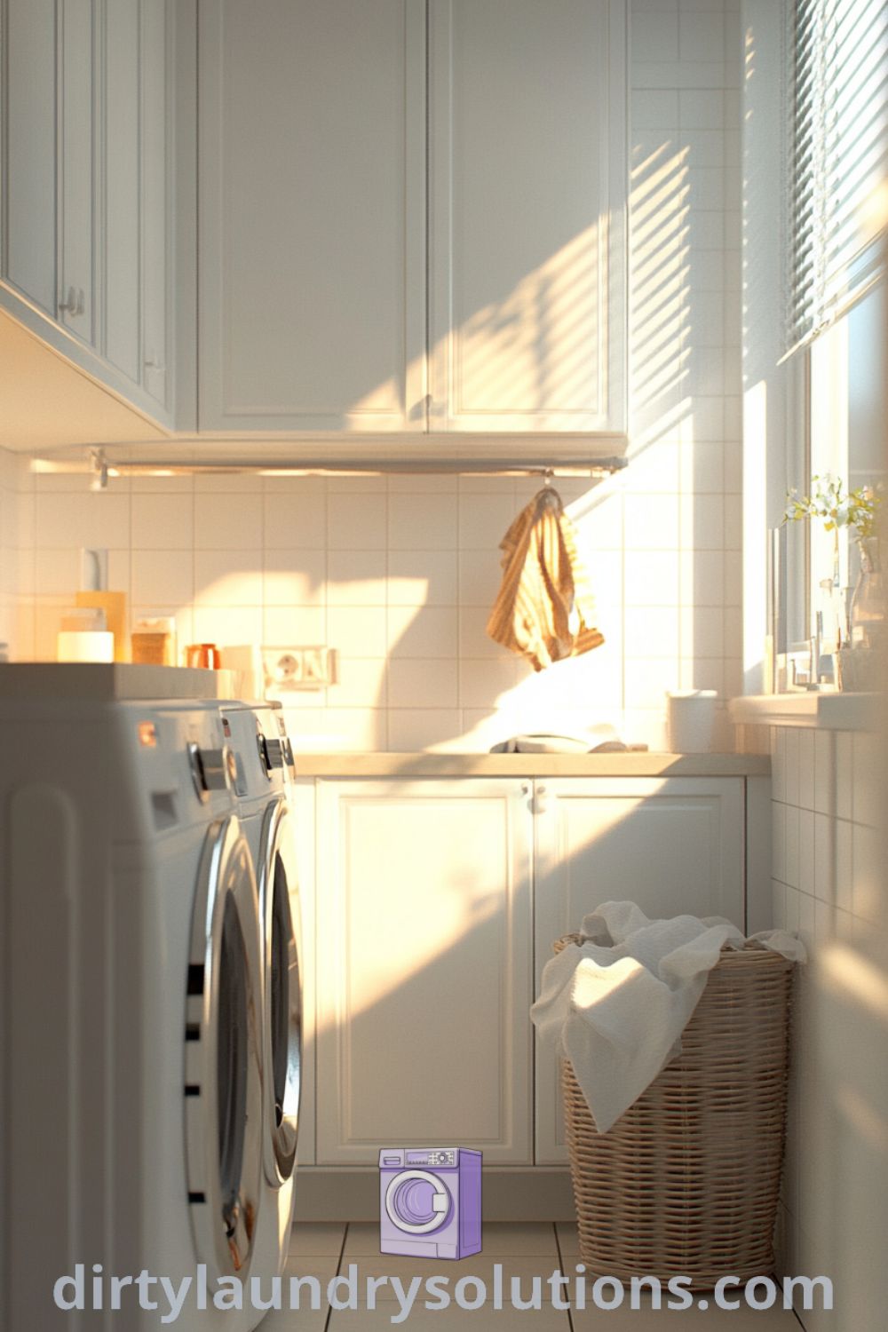 Cozy laundry room featuring white cabinets, washer and dryer, warm lighting, and a touch of sunlight, representing practical and inspiring ideas for small spaces. Explore more unique ideas for your home at dirtylaundrysolutions.com.