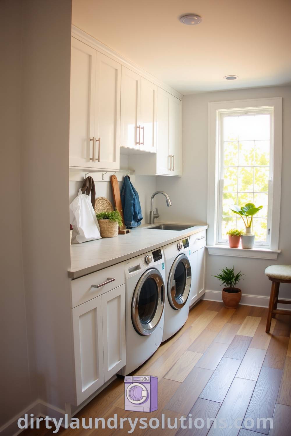 Minimalist mudroom laundry with sleek white cabinetry, stone countertop, large window for natural light, and potted plants for a cozy aesthetic. Explore unique ideas for your home at dirtylaundrysolutions.com.
