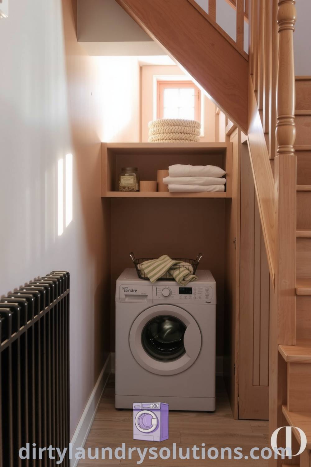 Cozy laundry nook nestled under the staircase, featuring pale wood cabinetry, organized shelves with towels and supplies, and natural light, creating an inviting atmosphere. Discover more unique ideas for your home at dirtylaundrysolutions.com.