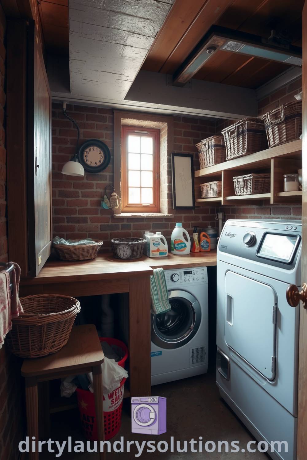 Cozy basement laundry with exposed brick walls, vintage tiles, a wooden workbench, and organized woven baskets, showcasing a charming and functional space. Explore unique ideas for your home at dirtylaundrysolutions.com.