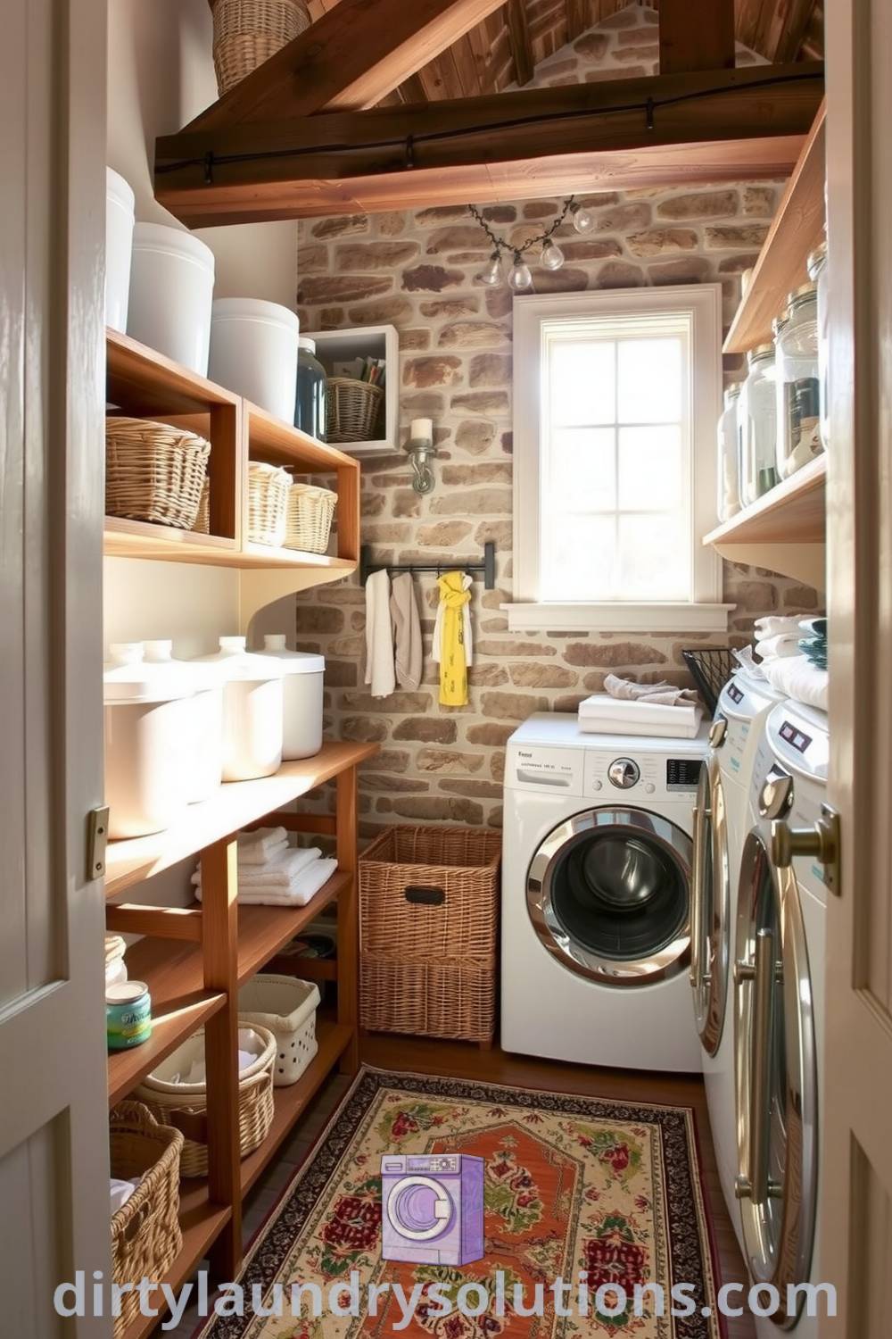Charming farmhouse laundry room featuring wood shelves, organized baskets, rustic beams, and a sunlit space that offers cozy ideas for small spaces and organization tips. Discover more inspiring ideas for your home at dirtylaundrysolutions.com.