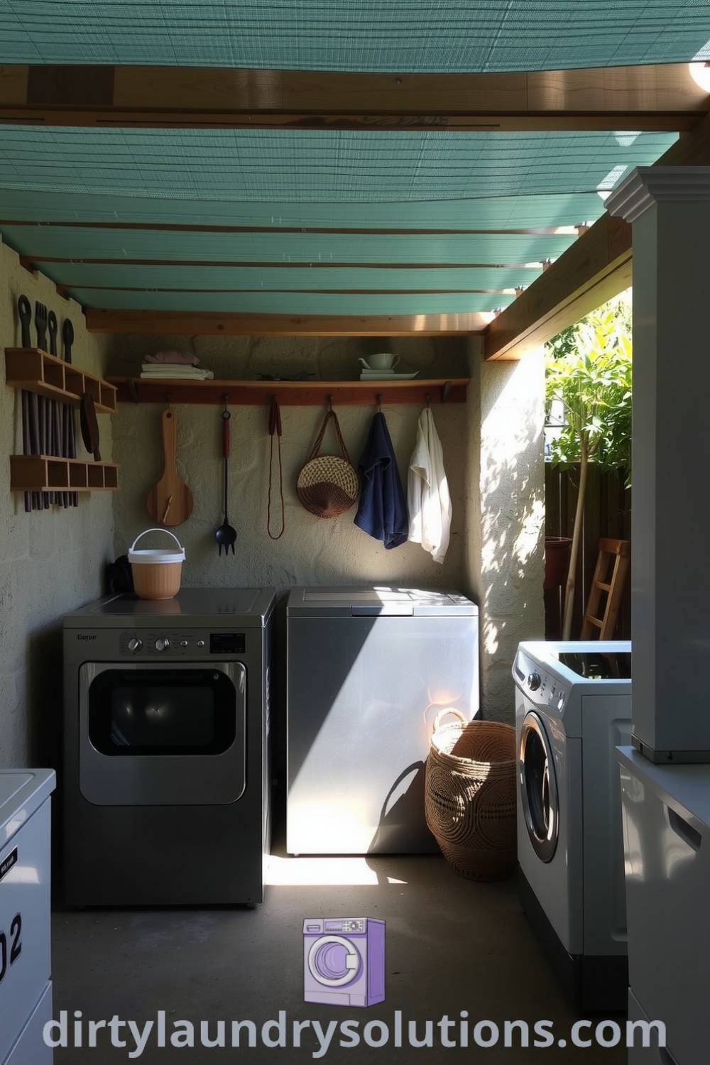 Cozy carport laundry space featuring sturdy metal washers, a dryer, rough stone, and weathered wood, illuminated by sunlight creating dappled effects. Explore inspiring design ideas for small spaces at dirtylaundrysolutions.com.