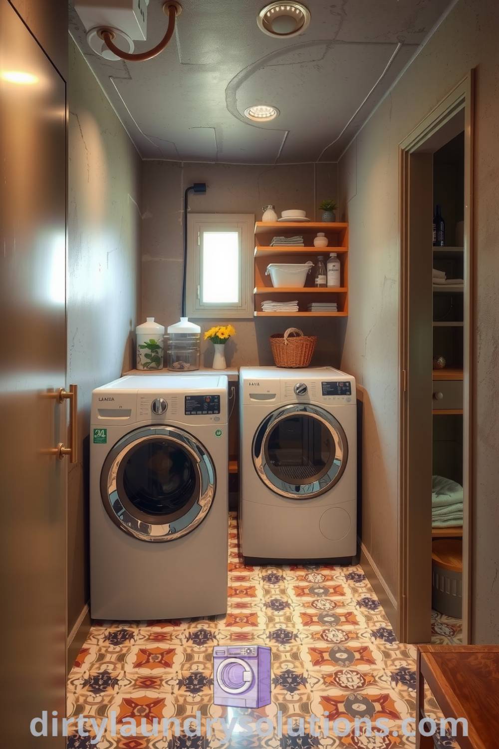 Vintage laundry room featuring Art Deco influences, sleek geometric tiled floor, warm wooden shelving, and organized laundry essentials, creating a cozy and inviting atmosphere. Explore inspiring ideas for your home at dirtylaundrysolutions.com.