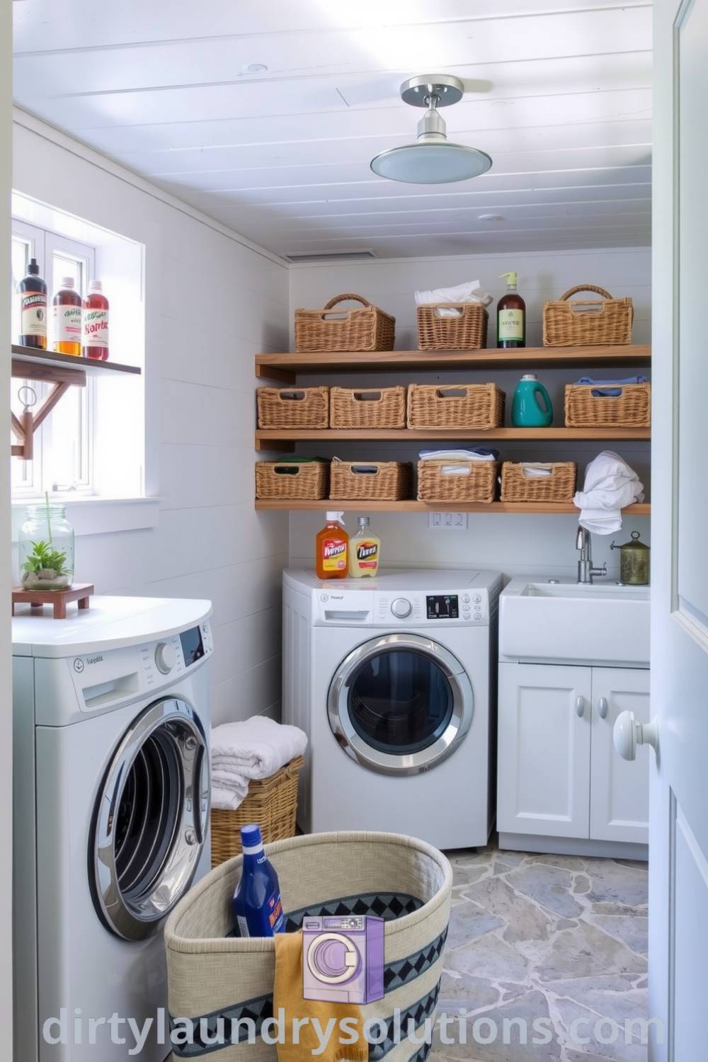 Cozy coastal laundry with weathered shiplap walls, smooth stone floors, vintage sink, organized shelves, and soft light, inspiring unique ideas for home organization. Discover more inspiring ideas for your home at dirtylaundrysolutions.com.