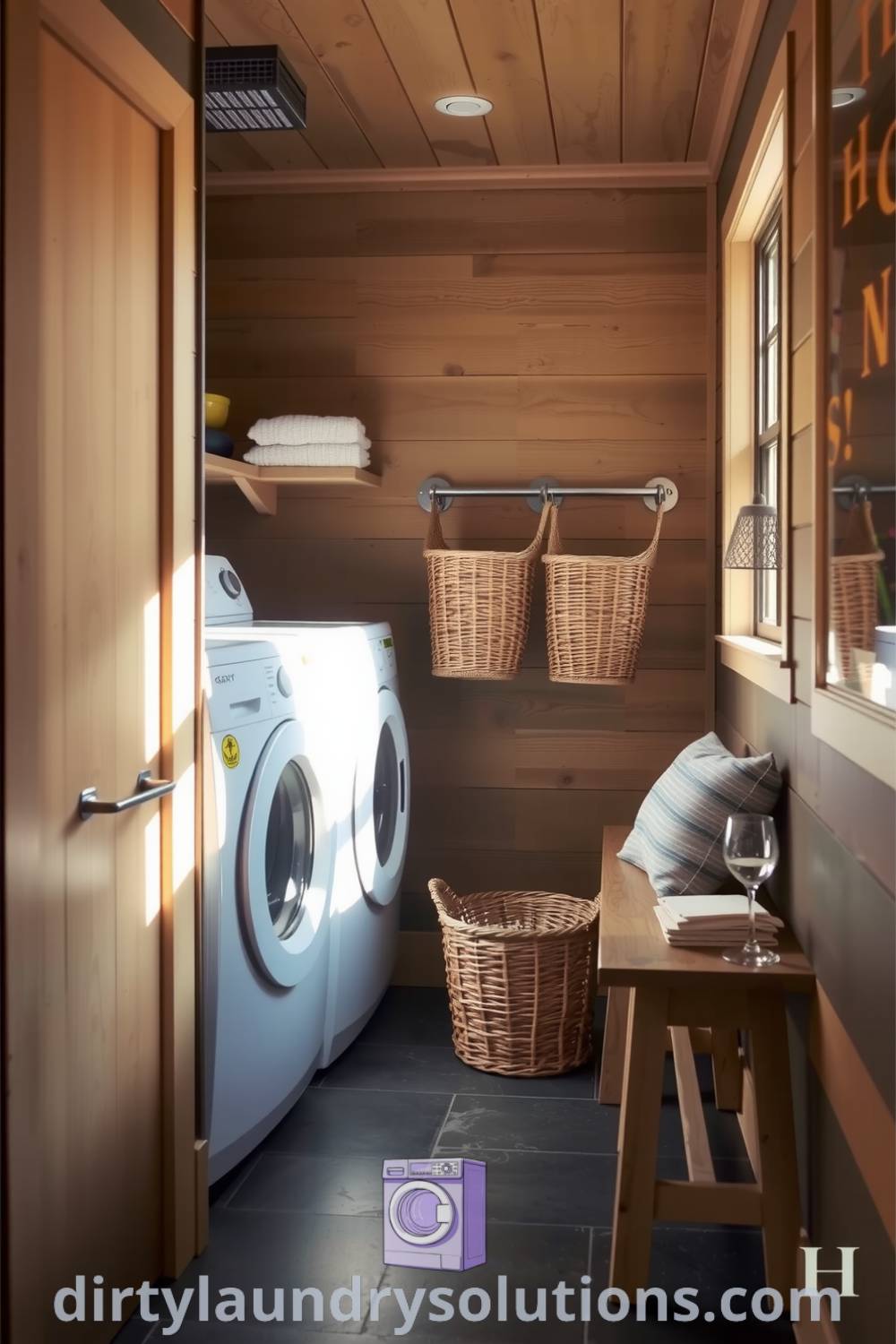 Cozy hallway laundry featuring natural wood finishes, bright window light, woven baskets for organization, and a handcrafted bench for comfort. Explore more inspiring ideas for your home at dirtylaundrysolutions.com.