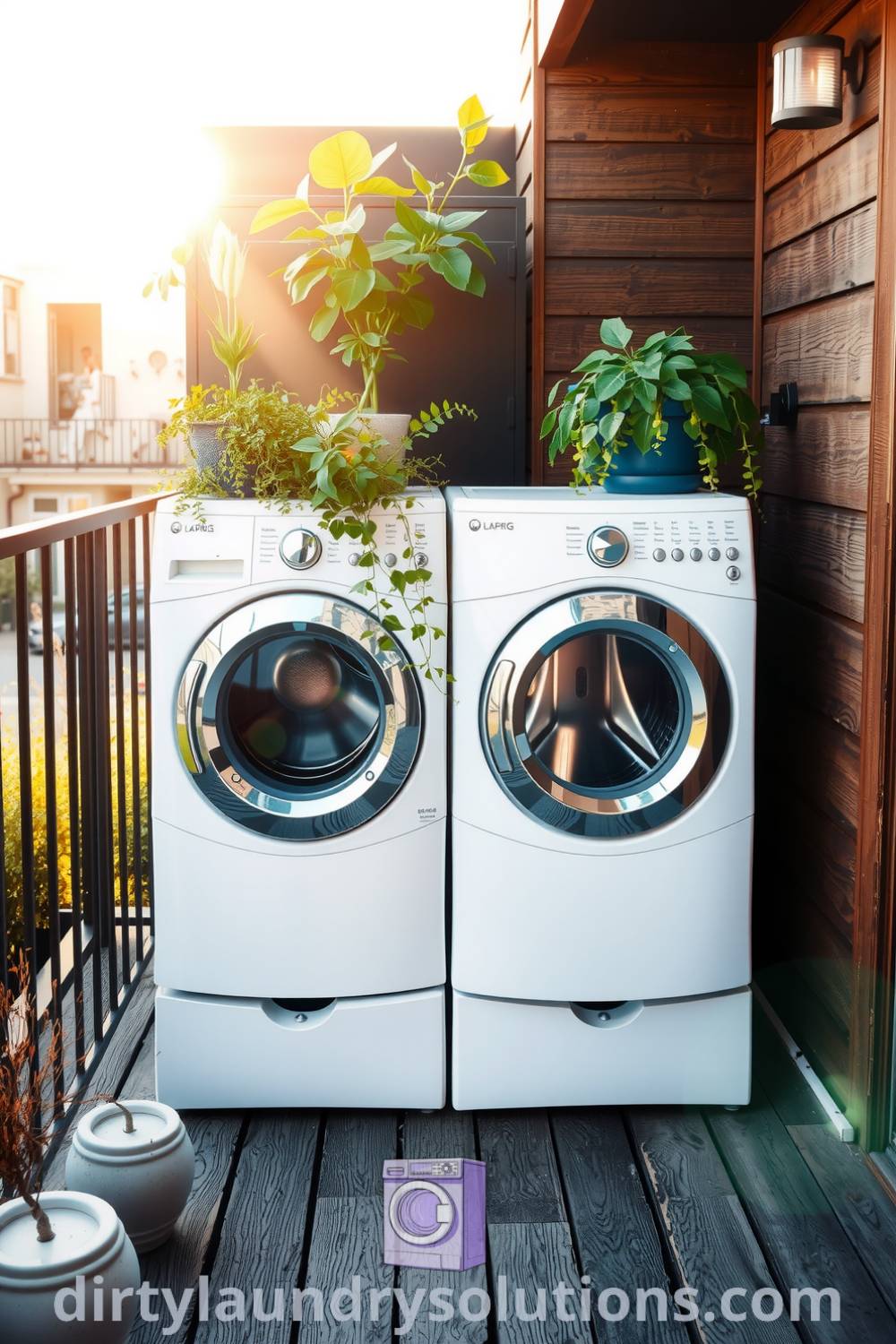 Cozy balcony laundry area featuring weathered wood decking, metal appliances, and lush greenery for a charming, inviting space. Explore more inspiring ideas for small spaces at dirtylaundrysolutions.com.