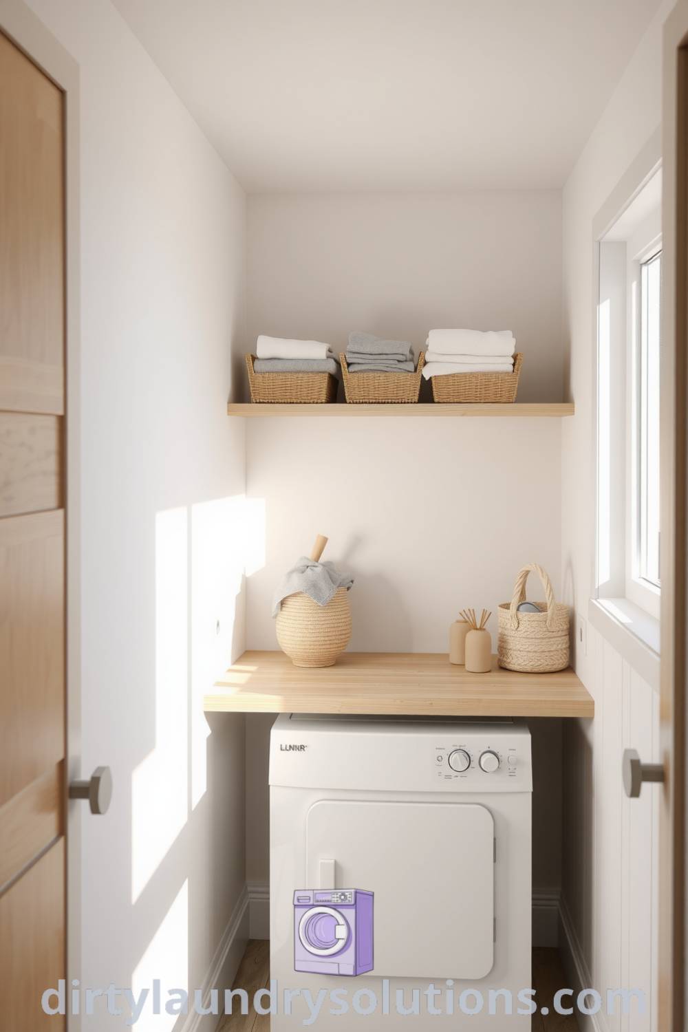 Scandinavian-inspired laundry nook with light wood accents, compact countertop, and minimalist shelving, creating a cozy and efficient space for sorting laundry. Discover inspiring ideas for small spaces at dirtylaundrysolutions.com.