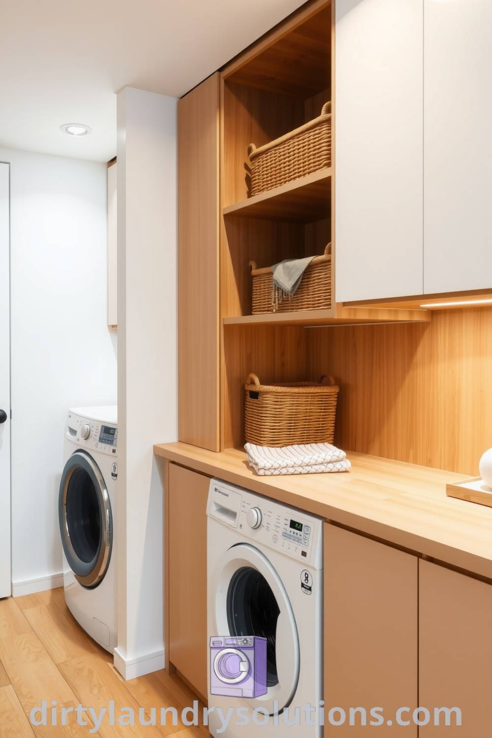 Modern hallway laundry featuring sleek cabinetry, light-colored walls, warm wooden accents, a practical folding countertop, and woven baskets for organization, creating a cozy and efficient space. Discover inspiring ideas for your home at dirtylaundrysolutions.com.