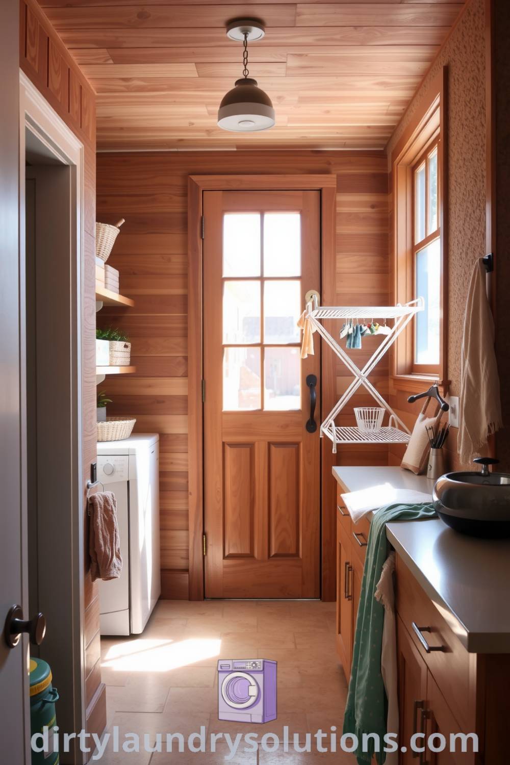 Cozy hallway laundry with warm wood tones, smooth stone surfaces, neatly arranged shelves, and a vintage drying rack, creating a charming and inviting space for everyday chores. Discover inspiring ideas for your home at dirtylaundrysolutions.com.