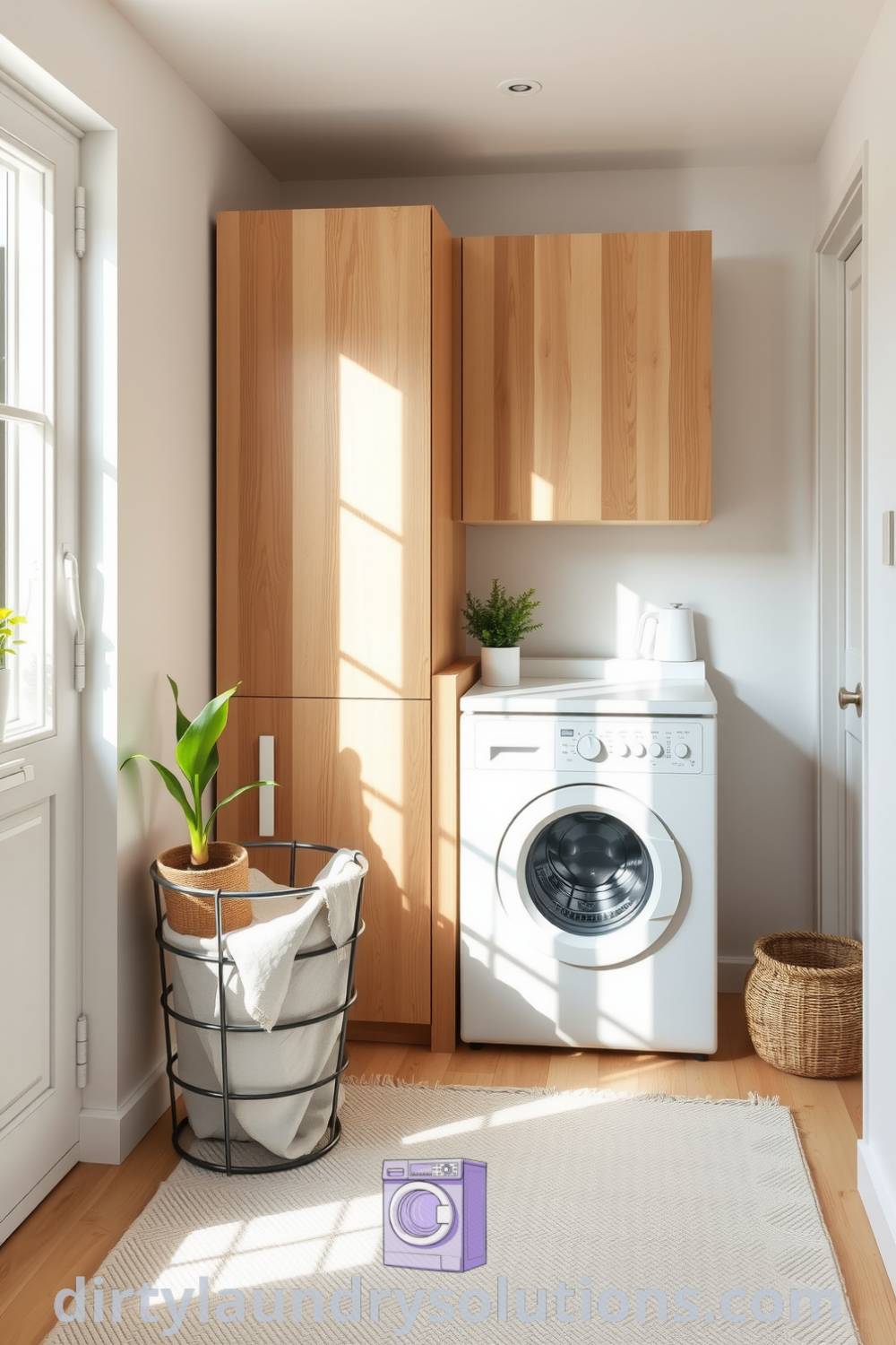 Scandinavian hallway laundry featuring pale wooden cabinets, a soft textured rug, natural light, a sleek metal laundry basket, and potted plants, creating a cozy aesthetic suitable for busy homes. Explore more unique ideas for your home at dirtylaundrysolutions.com.