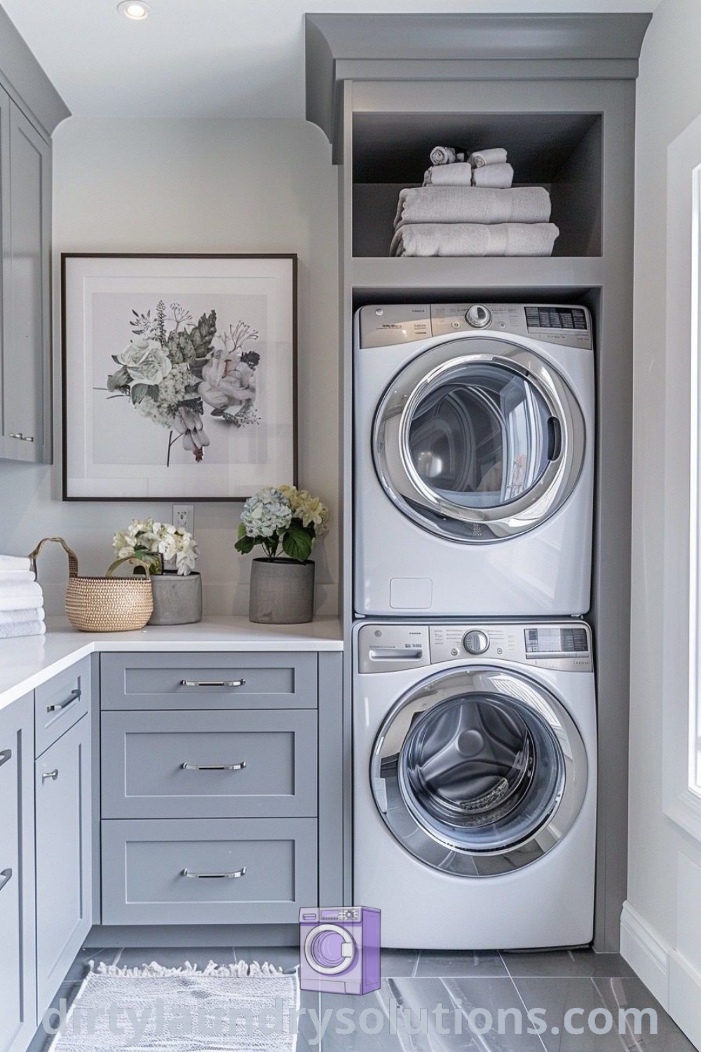 A small laundry room layout with a stacked washer and dryer, featuring a cozy aesthetic and practical organization ideas, creating an inviting and efficient space. Discover inspiring laundry room designs at dirtylaundrysolutions.com.