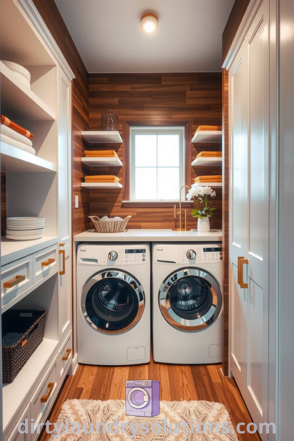 Laundry area featuring chic glam design with polished surfaces, custom cabinetry, gold accents, cozy rug, and ample shelving, creating an elegant yet practical space. Explore unique ideas for your home at dirtylaundrysolutions.com.