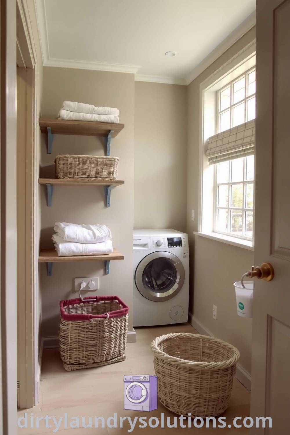 Cozy hallway laundry featuring weathered wood shelves, neatly folded towels, and inviting baskets in a serene atmosphere with soft light accentuating textures. Discover more unique ideas and solutions to freshen up your space at dirtylaundrysolutions.com.