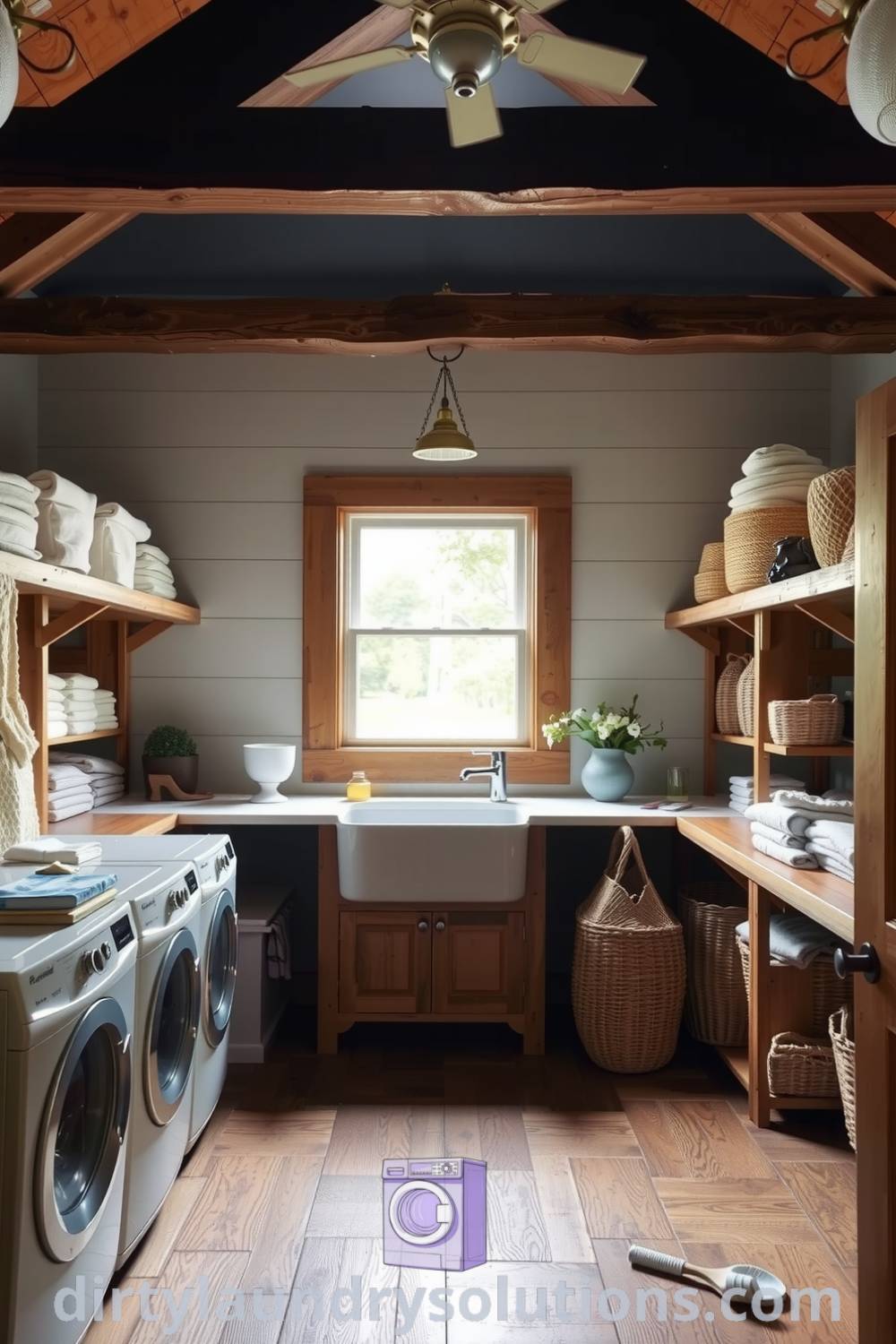 Cozy farmhouse laundry room featuring rustic wood beams, classic sink under a sunny window, and organized shelves with linens and woven baskets, creating an inviting and functional space. Explore unique ideas for your home at dirtylaundrysolutions.com.