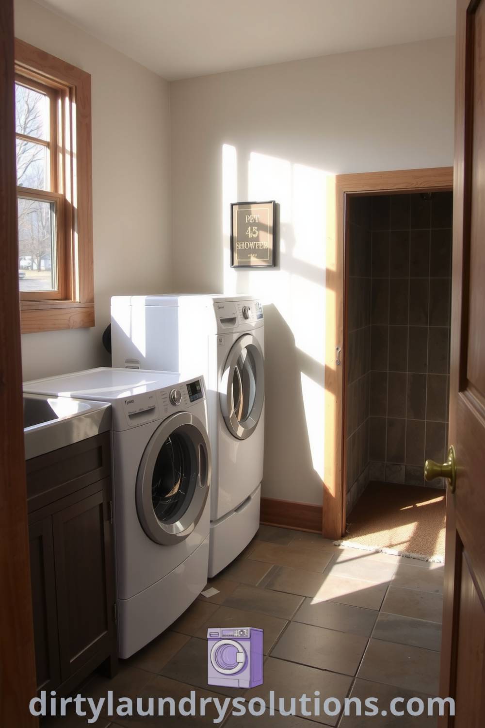 Cozy laundry corner featuring rustic wood accents, side-by-side washer and dryer, pet wash shower, and soft, filtered sunlight, creating an inviting space for home chores. Explore more inspiring ideas for your home at dirtylaundrysolutions.com.