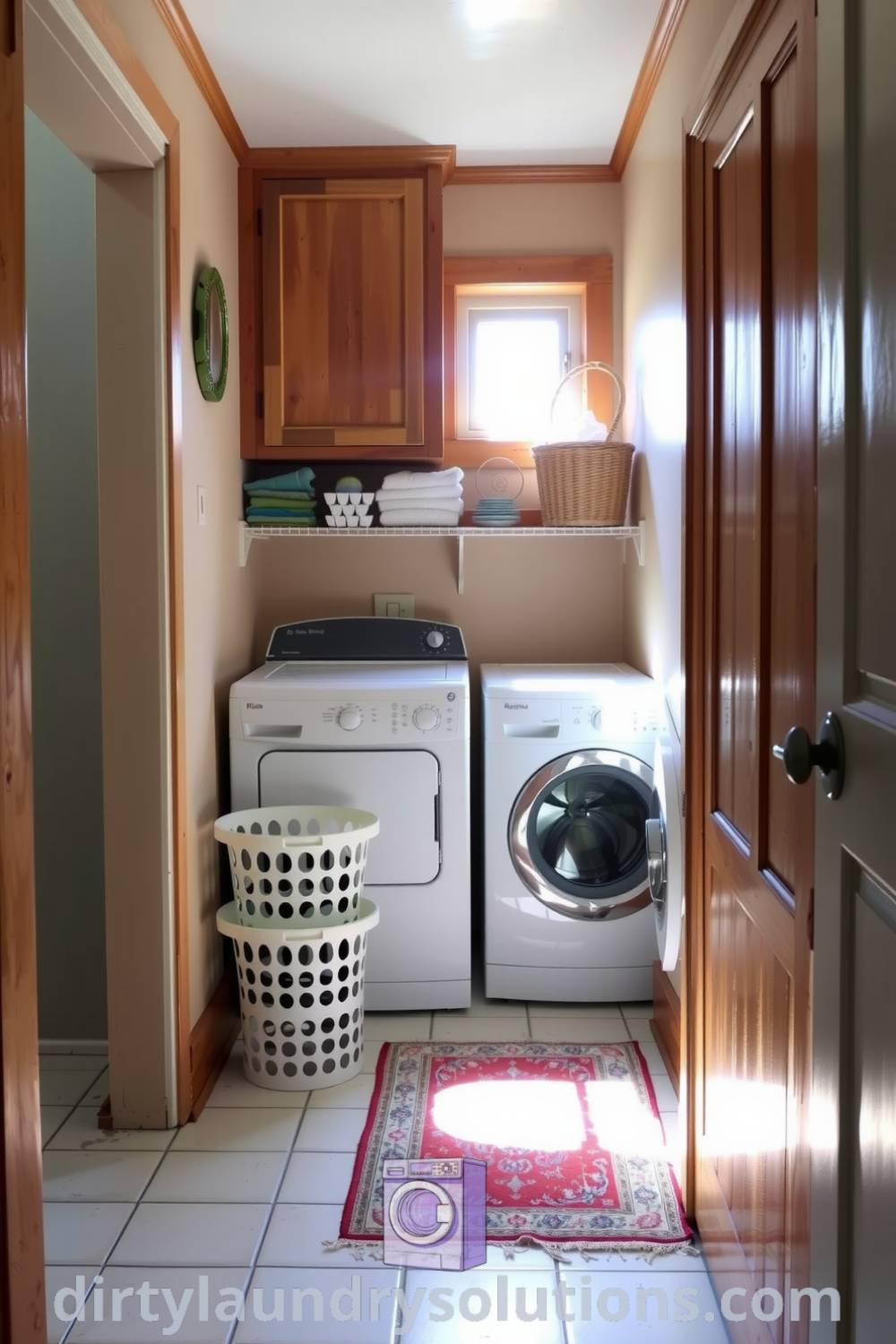 Cozy laundry hallway featuring timeworn wooden cabinets, worn tile flooring, stacked washer and dryer, and sunlight streaming through a window, creating a warm and inviting atmosphere. Discover more unique ideas for your home at dirtylaundrysolutions.com.