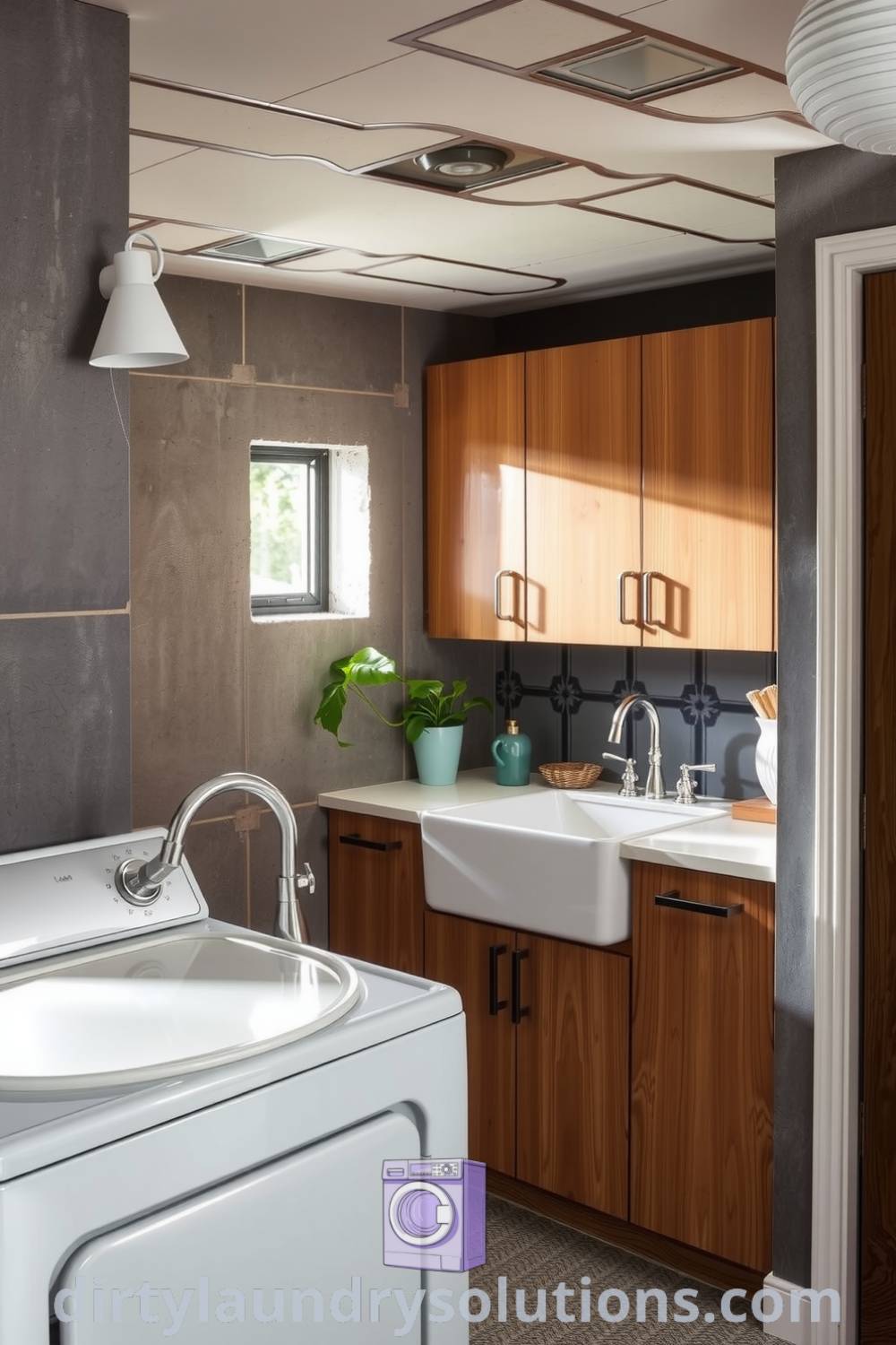 Art Deco basement laundry featuring geometric patterns, warm wood cabinetry, a vintage-style sink, and indoor plants, creating a cozy aesthetic perfect for small spaces. Discover inspiring ideas for your home at dirtylaundrysolutions.com.