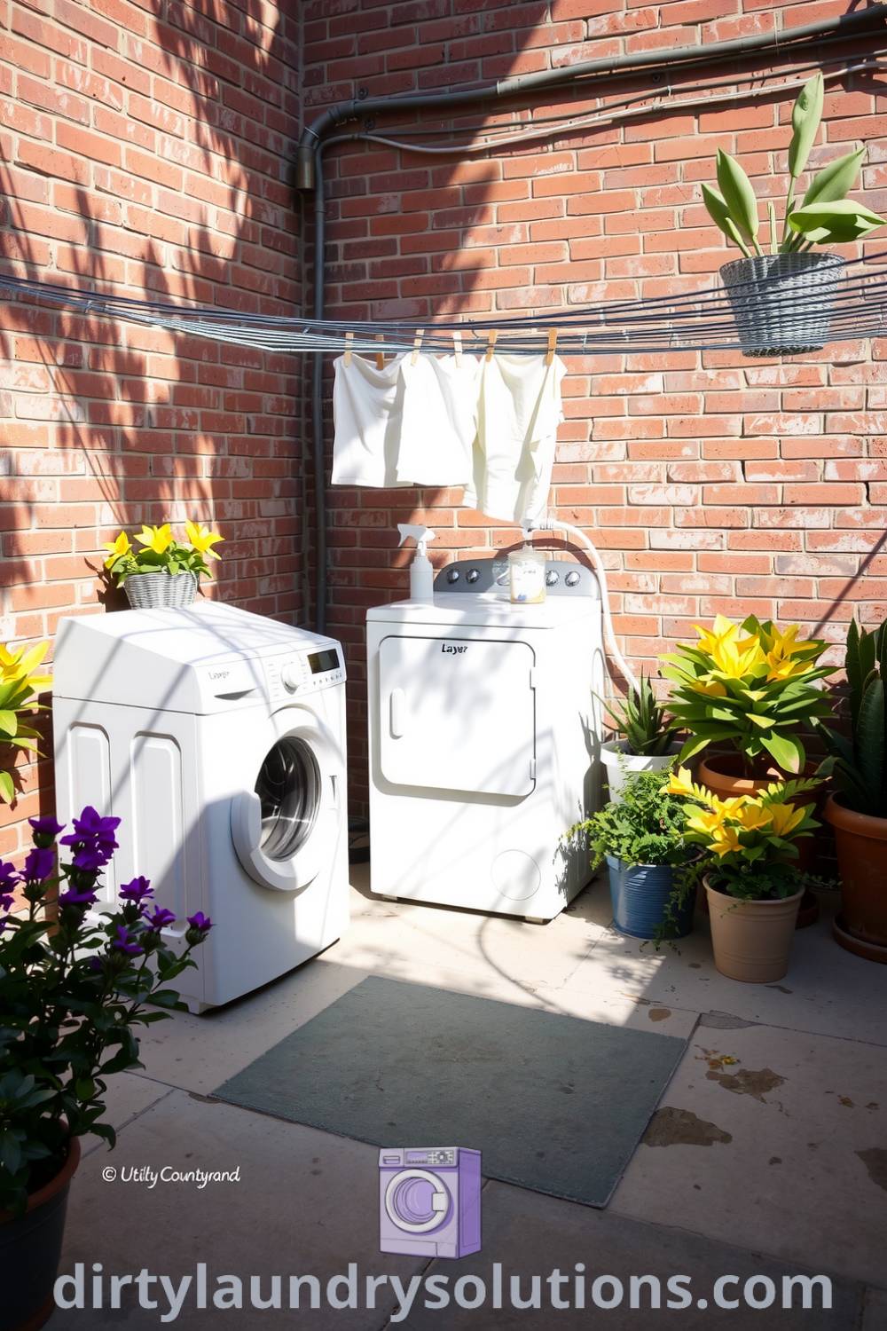 Utility courtyard laundry with a robust washer and dryer against a weathered brick wall, sunlight illuminating the concrete patio, vibrant potted plants, and a clothesline, creating a cozy and functional outdoor oasis. Discover inspiring ideas for small spaces at dirtylaundrysolutions.com.