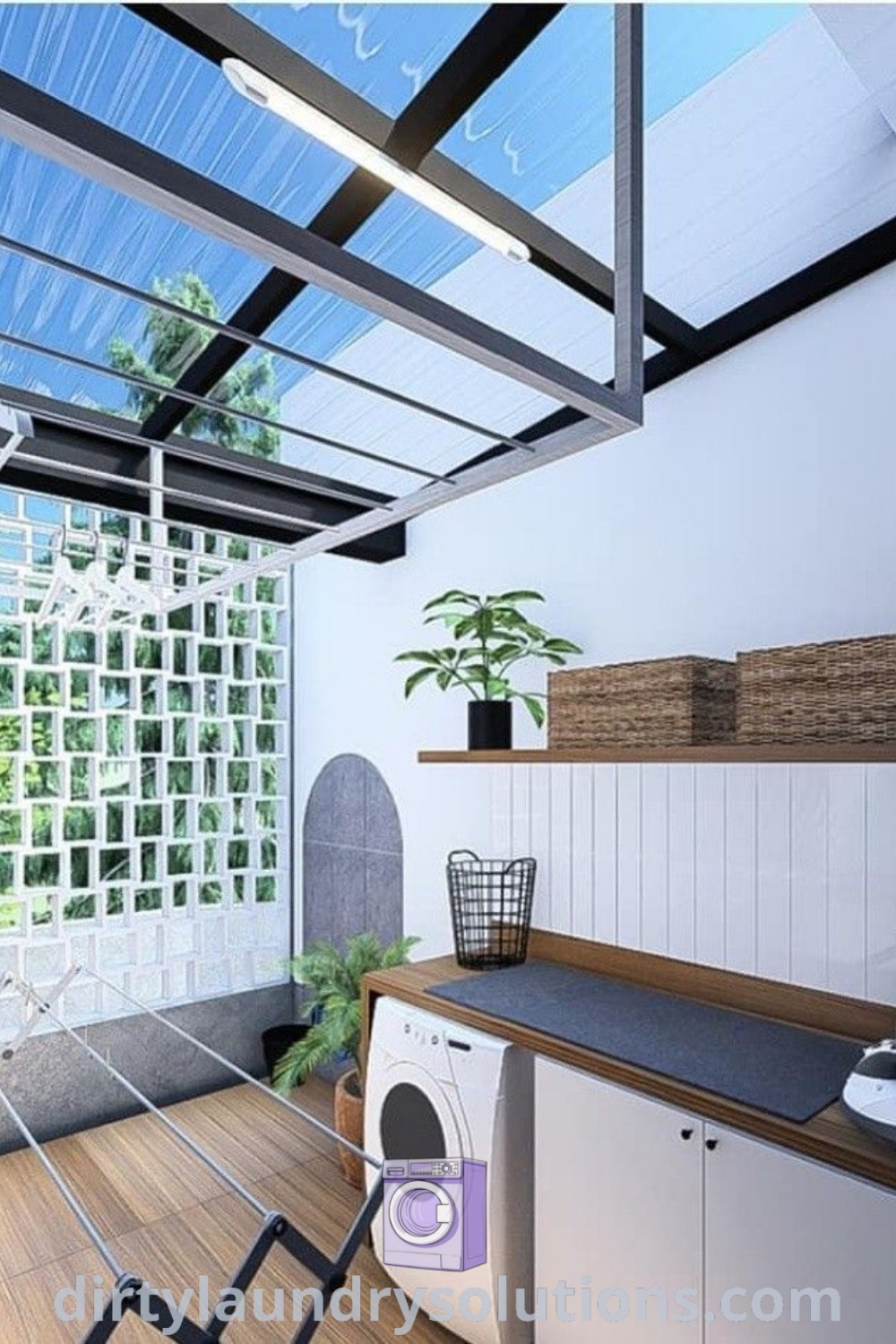 A clean and organized outdoor laundry area featuring elements of Japanese design and inspiration. Perfect for small spaces, this setup presents unique ideas and solutions to enhance your home